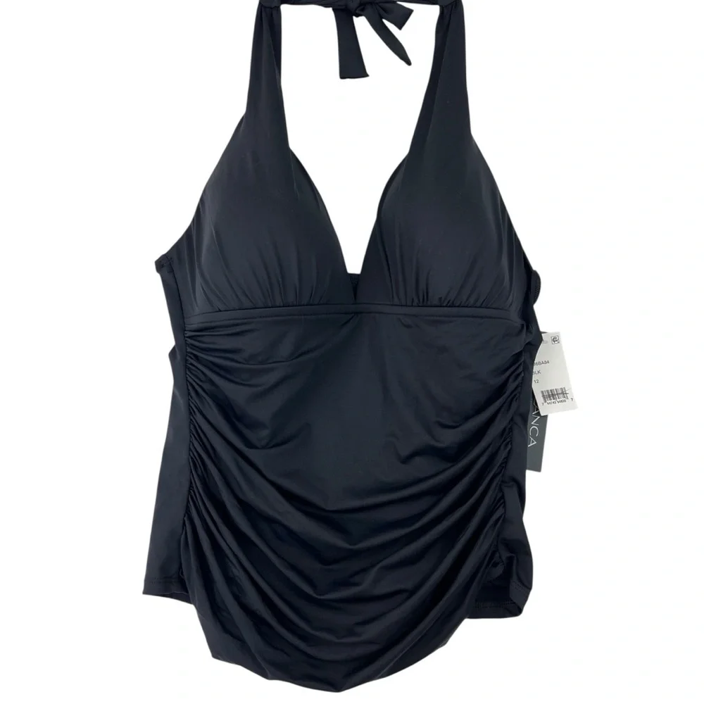 NWT La Blanca Black Island Goddess Solid Halter Tankini Top LB Sz 12 Beach